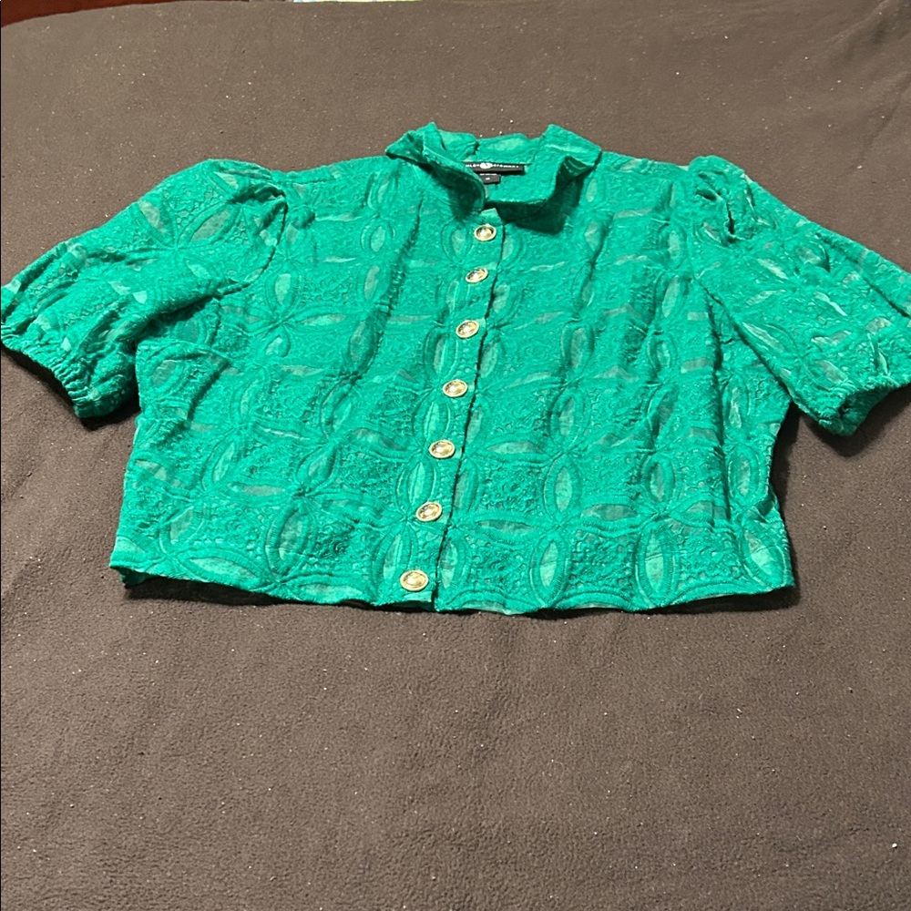 Ashley Stewart Teal Lace Button-Up Top